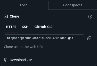 Menú que sale al hacer click sobre el botón verde que dice "Code" en GitHub