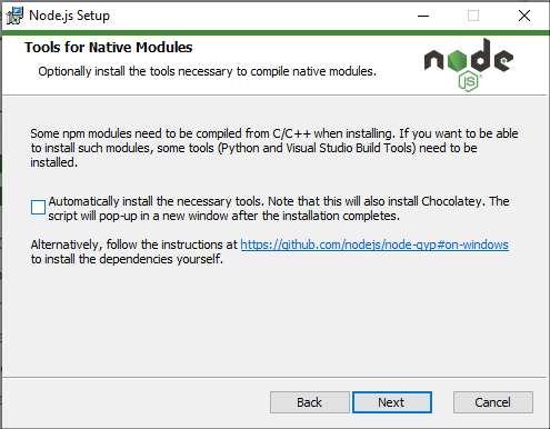 Pantalla de instalación de node.js, en dónde pregunta si se quiere instalar Chocolatey