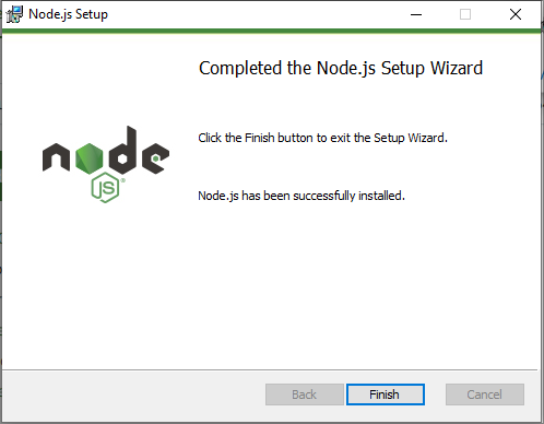 Pantalla de instalación de node.js, en dónde dice que node.js se instaló correctamente