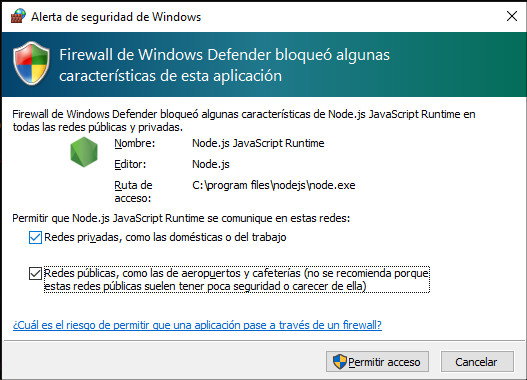 El firewall de Windows, preguntando si permitir a node.js acceder a la red